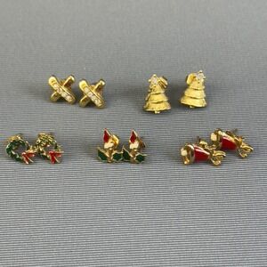 Vintage Avon Christmas Stud Earrings Lot 5 Pairs Holiday Enamel Gold Tone Set